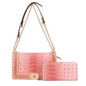 Pink Croc-Embossed Chain Shoulder Bag 2pc